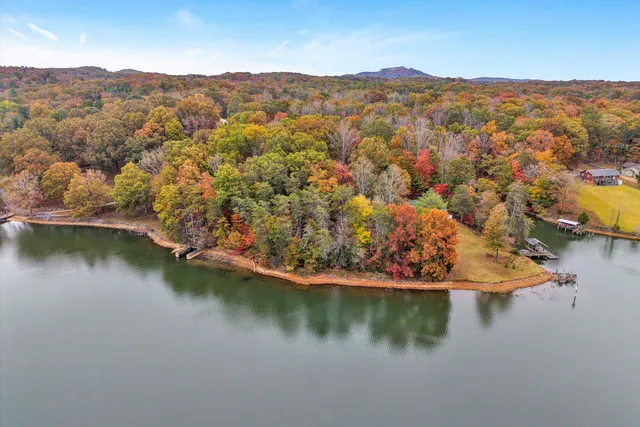 an aerial view of residential houses with outdoor space and lake view