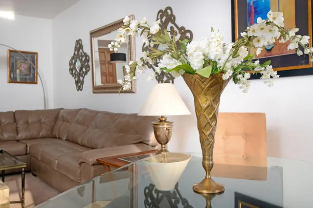 a living room with furniture and a potted plant