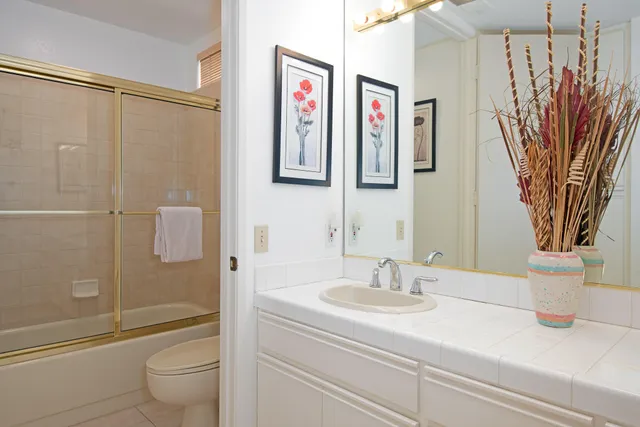 a bathroom with a sink a toilet and shower