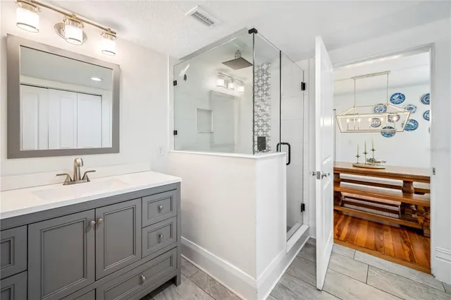 a bathroom with a sink a mirror and a shower