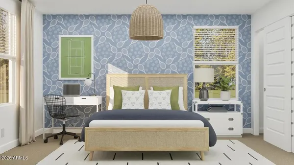 a bedroom with a bed and a window