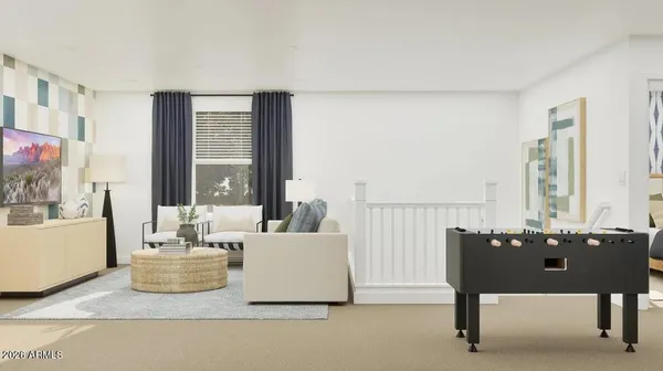 a living room with furniture a large window and a dining table with wooden floor