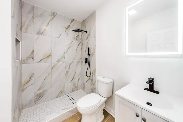a bathroom with a sink a toilet and a shower