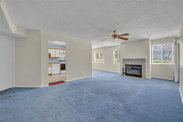 a view of an empty room with a fireplace