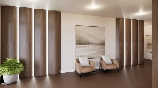 a dinning room with furniture and wooden floor