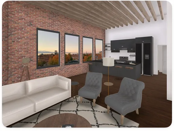 a living room with furniture and a floor to ceiling window