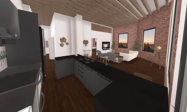 a kitchen with counter top space and wooden floor