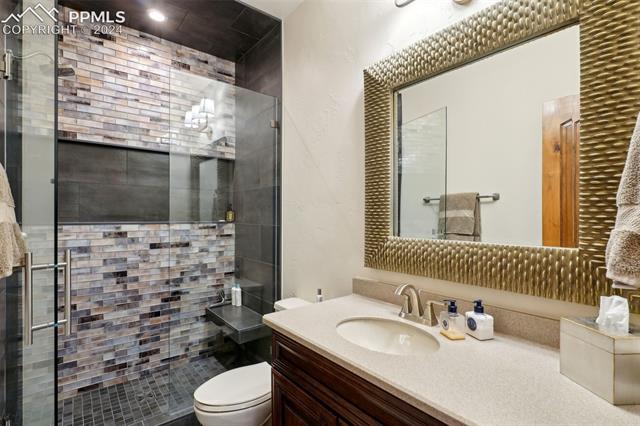 2204 Rocking Horse Court Colorado Springs, CO 80921 - Photo 33 of 50 Bathroom with a shower with shower door, toilet, and vanity