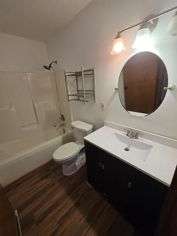 a bathroom with a sink mirror vanity and toilet