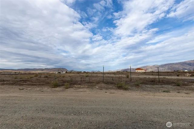 a view of a dry yard with wooden fence