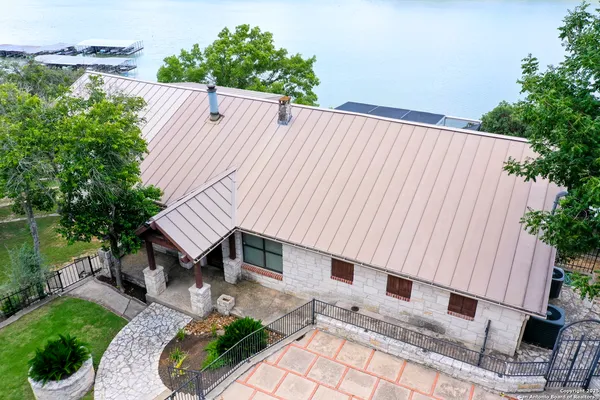 an aerial view of a house with garden