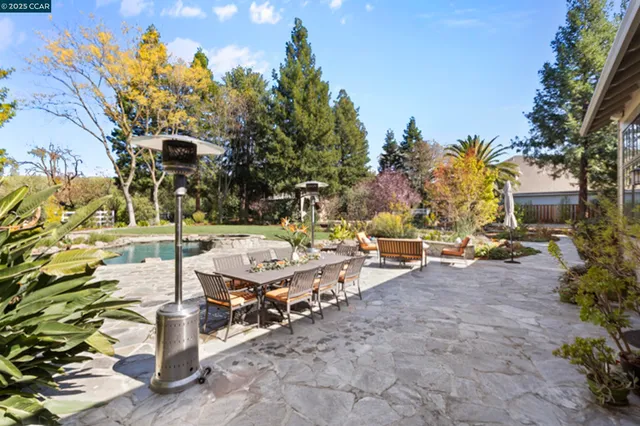 a view of swimming pool with outdoor seating and plants