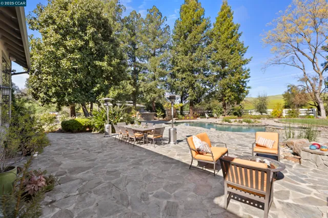 a view of swimming pool with outdoor seating and garden