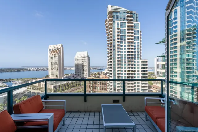 a city view with tall buildings