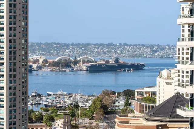 a view of a city with tall buildings