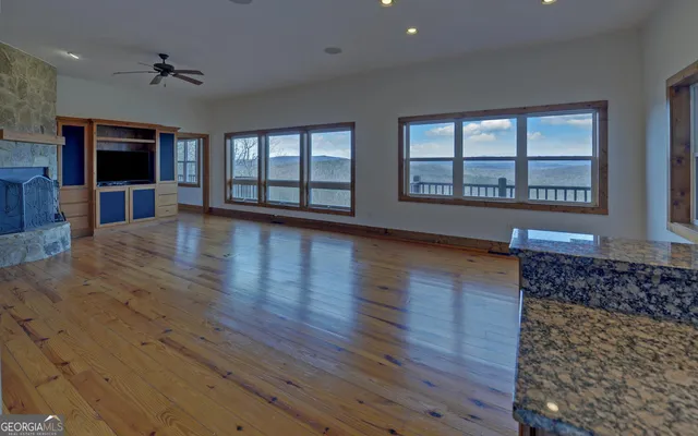 a view of a balcony from a window