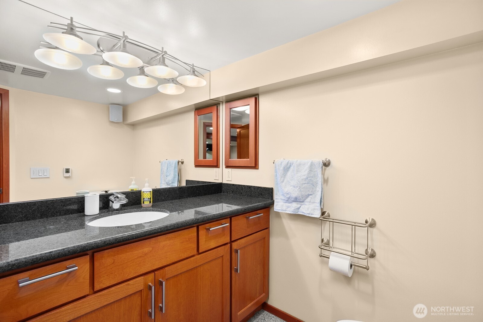 3542 43rd Avenue West Seattle, WA 98199 - Photo 27 of 39 a bathroom with a granite countertop sink and a mirror