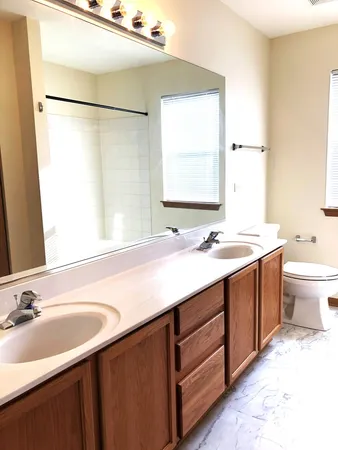 a bathroom with a sink double vanity and a mirror