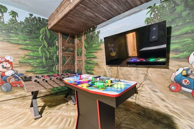 a view of a dining room with furniture window and outside view