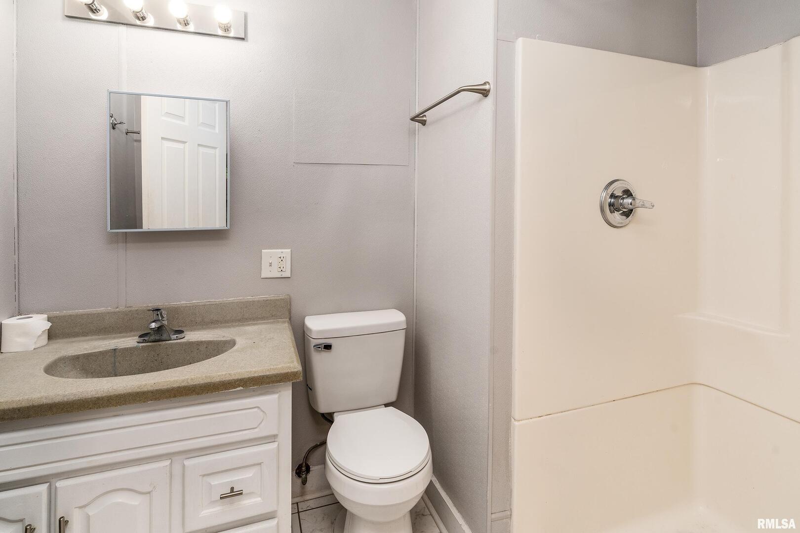 609 South Poplar Street Carbondale, IL 62901 - Photo 17 of 44 a bathroom with a toilet sink vanity and mirror