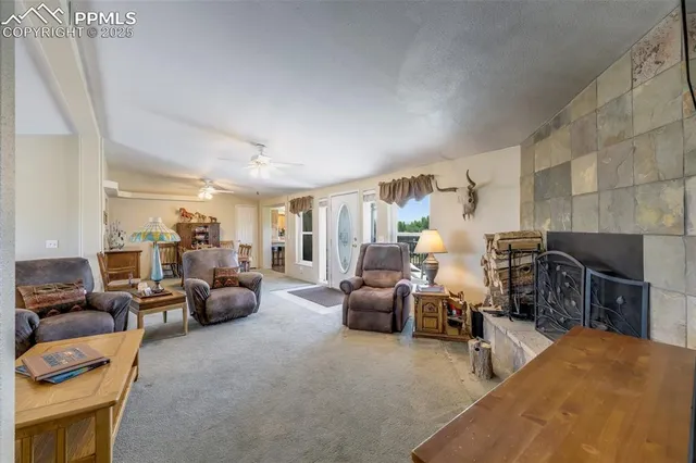 a living room with furniture and a gym machine