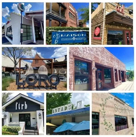 a front view of a building with retail shops