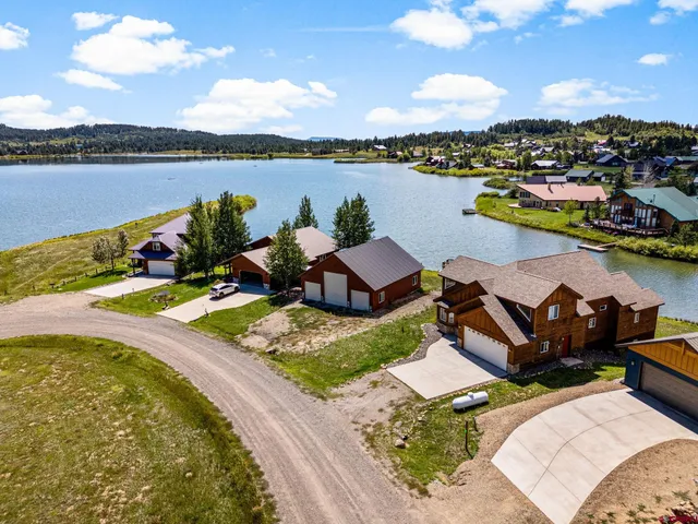 a view of a lake with a patio