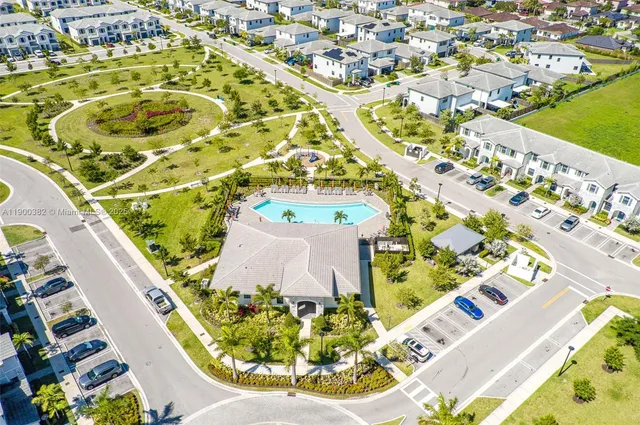 an aerial view of swimming pool and outdoor space
