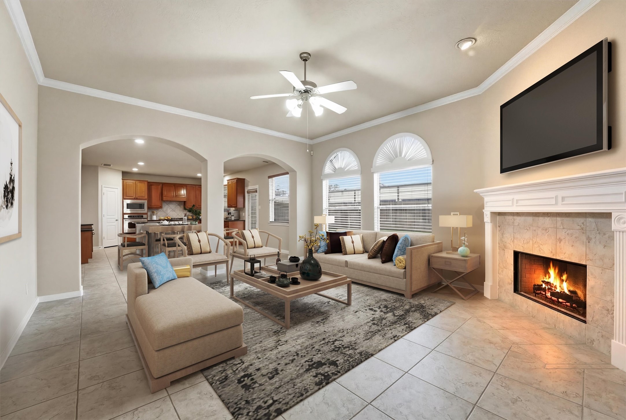 17415 Memorial Mills Drive Spring, TX 77379 - Photo 4 of 39 The open living area features tile flooring, crown molding, arched openings, and a gas fireplace with classic mantel. Large windows provide ample natural light and views into the adjoining kitchen and breakfast area. (This room has been virtually staged.)