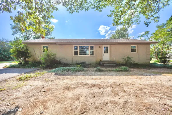 a backyard of a house with potted plants and large trees
