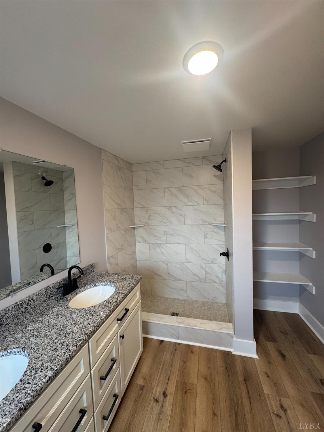 137 Ridgeview Lane Madison Heights, VA 24572 - Photo 14 of 22 a bathroom with a granite countertop sink a mirror and shower