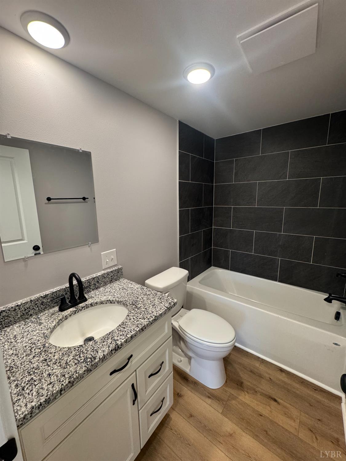 137 Ridgeview Lane Madison Heights, VA 24572 - Photo 18 of 22 a bathroom with a granite countertop sink a toilet a mirror and bathtub