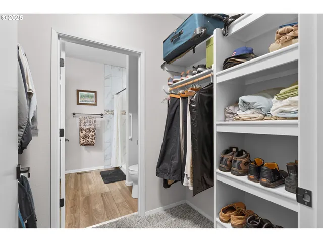 a room with a walk in closet and a window