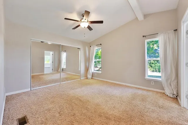 a view of a lush green forest with trees and some houses