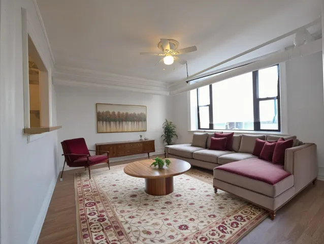 a living room with furniture a chandelier and a rug