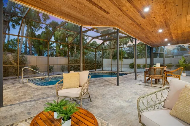 a building outdoor space with patio furniture