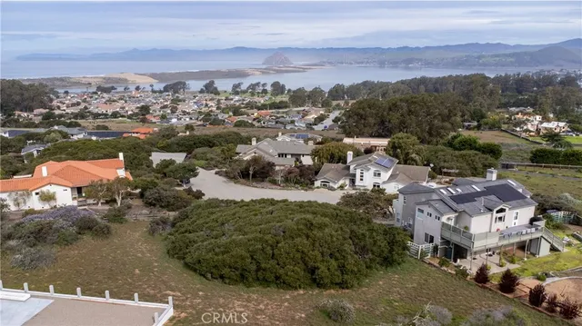 an aerial view of residential houses with outdoor space and ocean view