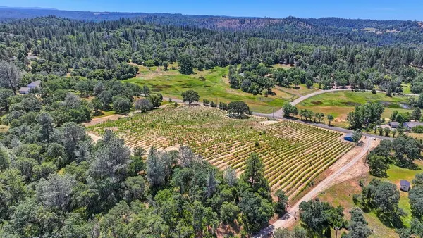 an aerial view of residential houses with outdoor space and trees