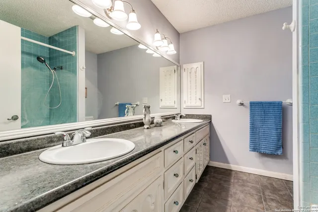 a bathroom with a granite countertop double vanity sink a mirror and shower