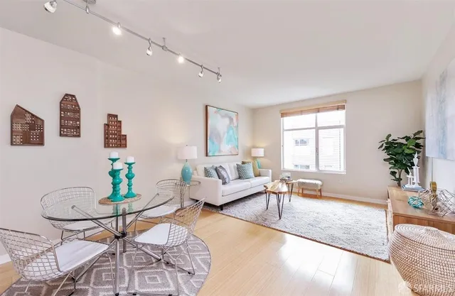 a living room with furniture and a potted plant
