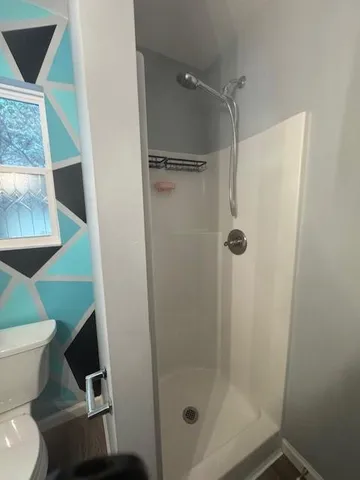 a bathroom with a shower and a toilet