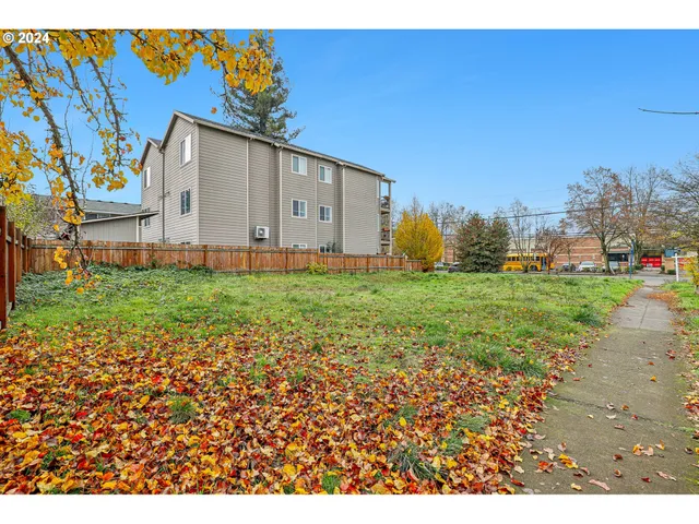 a backyard of a house with plants and large trees