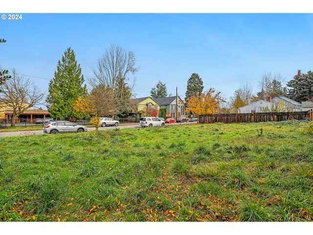 a view of a park with large trees