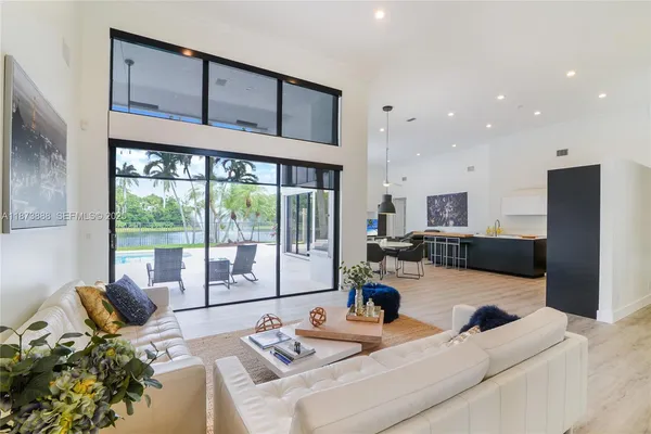 a living room with furniture and large windows