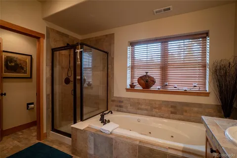 a bathroom with a bathtub and shower
