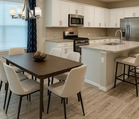 a kitchen with stainless steel appliances granite countertop a stove top oven a refrigerator a sink and dishwasher with white cabinets