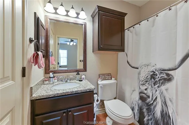 a bathroom with a granite countertop sink mirror vanity and toilet