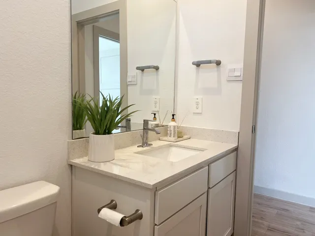 a bathroom with a sink a toilet and a mirror