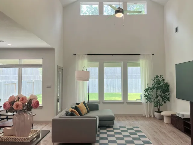 a living room with furniture and a potted plant