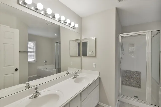 a bathroom with a sink double vanity and a mirror